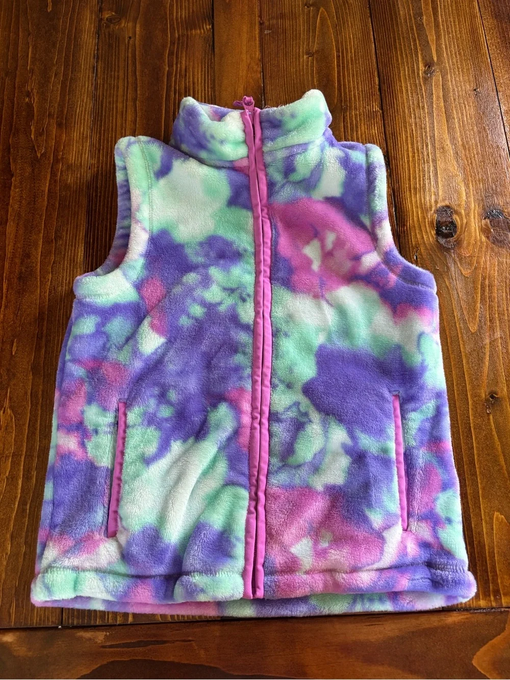 Lands' End Girls Tie-Dye Fleece Full Zip Vest w/ Pockets Purple Pink Sz S 7-8